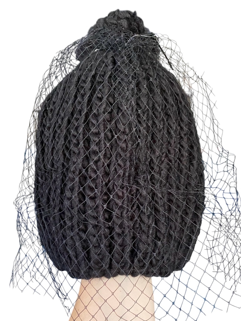 NWT Leith Nordstrom Black Veil Fishnet Chunky Knit Pom Pom Beanie Winter Hat - Picture 6 of 11